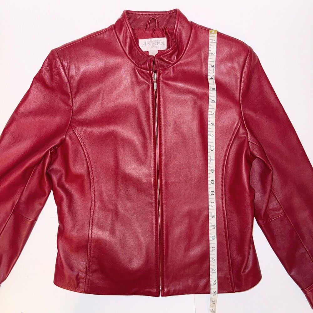 Casual Corner Annex Petite 90's Red Leather Jacket Zip Front Racing Lined M - Picture 10 of 16